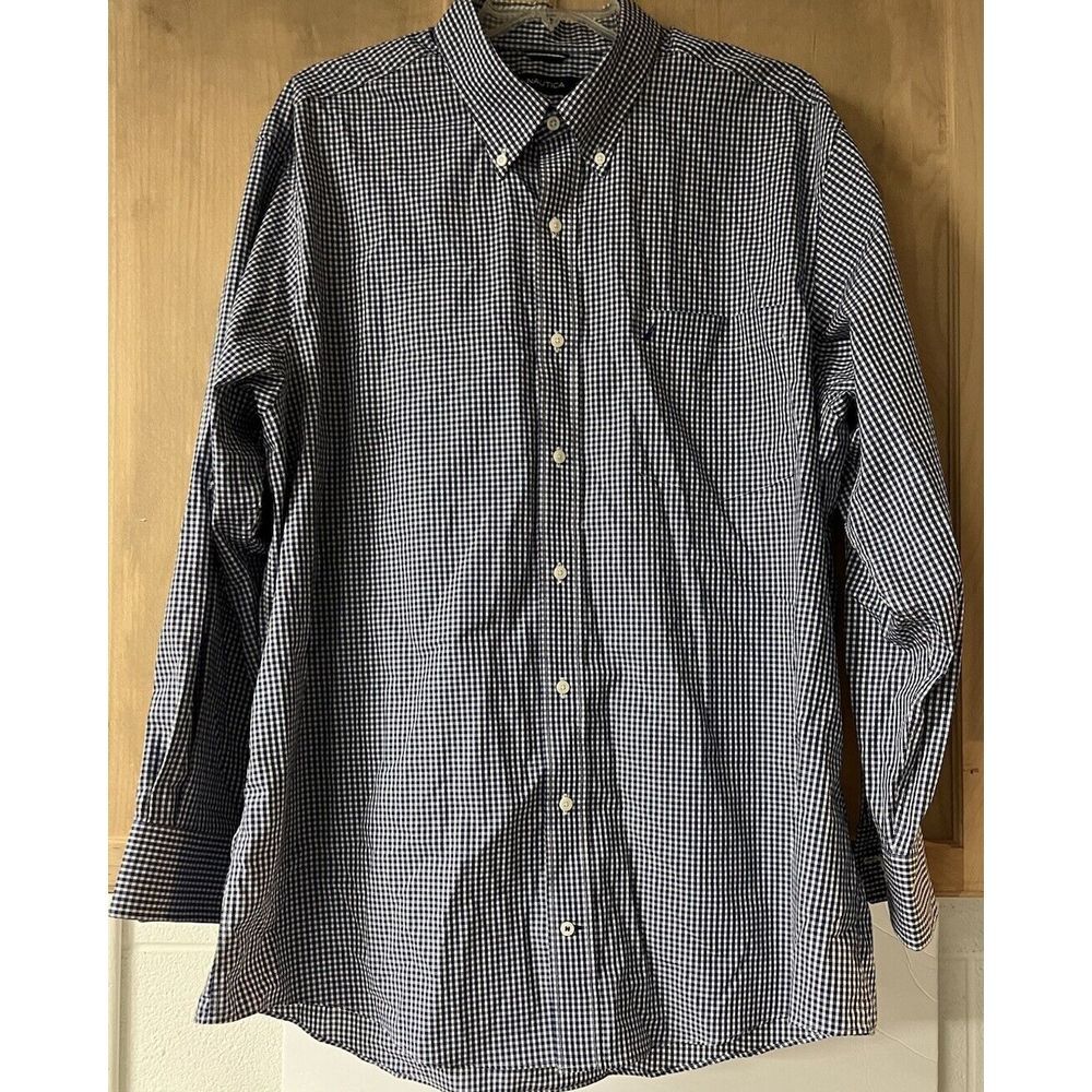 Nautica Button Down Shirt Mens 2XL Blue Excellent Gingham Long Sleeve Pocket